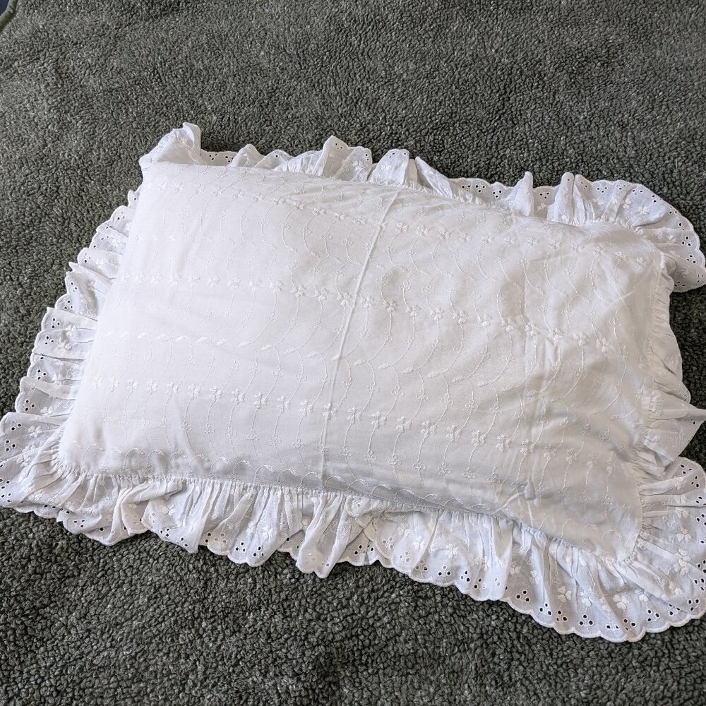 Vintage white embroidered lace cushion cover, standard sized pillow shammy